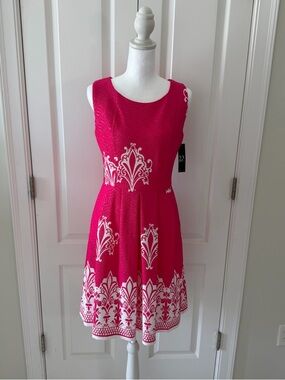 New York & Company Hot Pink and White Sleeveless Fit & Flare Dress